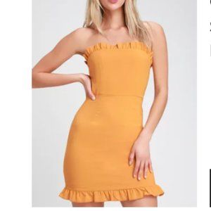 Lulu's Leeanne Golden Yellow Strapless Ruffled Bodycon Dress in mustard (size M)